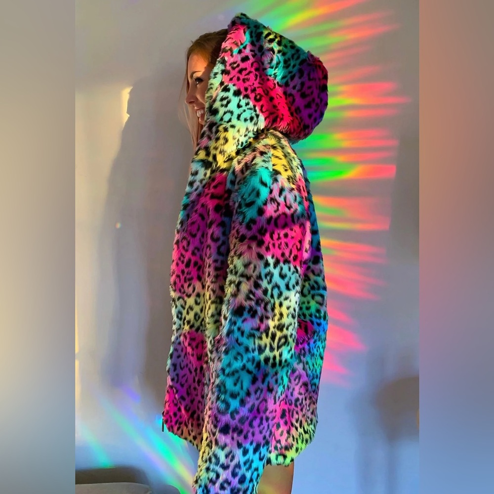 Spvce Island Rainbow Leopard Fur Coat